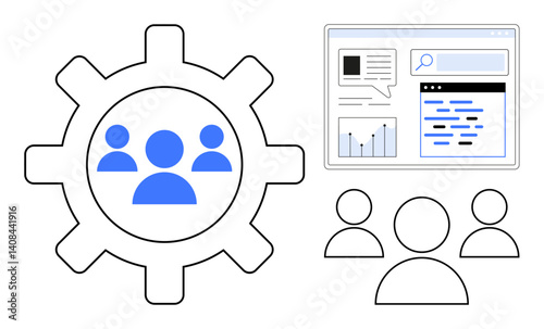 Gear with user icons, data dashboard, and group visuals emphasize teamwork, analytics, and system management. Ideal for business planning, project collaboration, system optimization, productivity