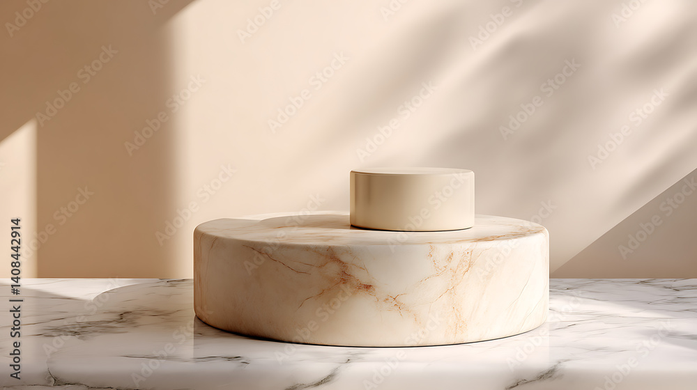 Clean round pedestal on white marble surface with beige background and natural lighting for beauty product mockup Clean round pedestal on white marble surface with beige background and natural lighting for beauty product mockup
