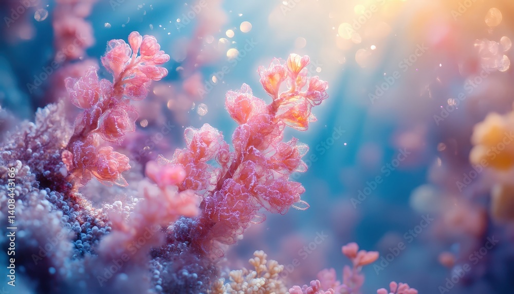 Fototapeta premium Underwater coral garden showcasing vibrant pink corals in a sunlit ocean, illustrating the beauty of marine life and the importance of coral ecosystems