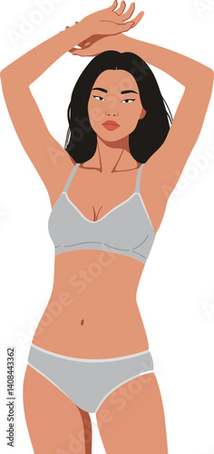 Confident woman posing in grey lingerie with raised arms in a flat and minimal vector illustration depicting self-assurance and body positivity