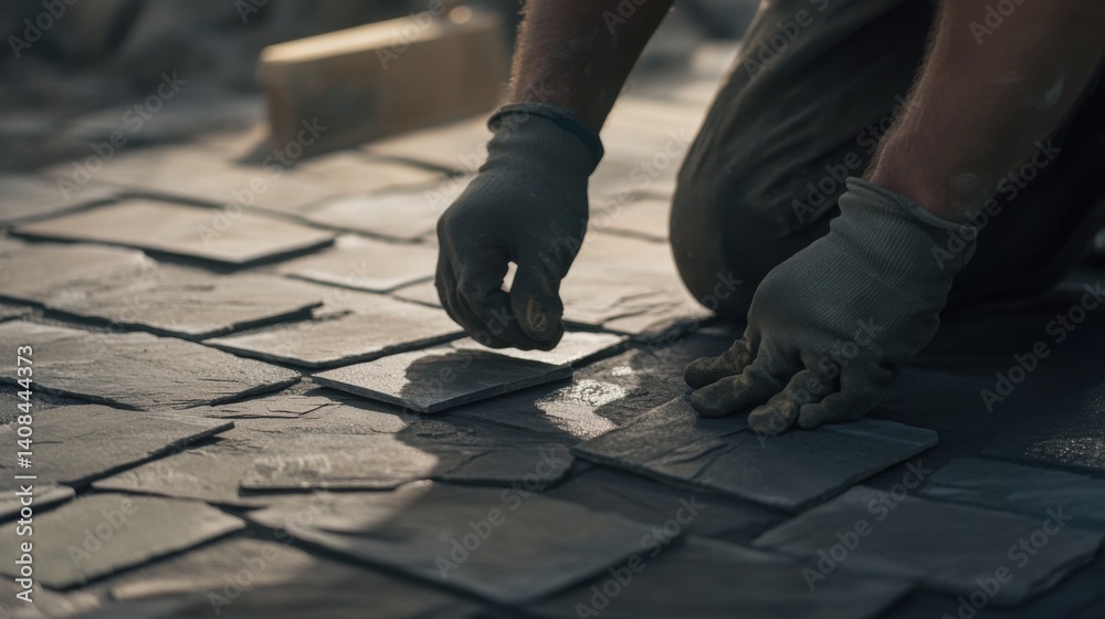 Mason laying stone tiles for a patio. Featuring craftsmanship and precision Mason laying stone tiles for a patio. Featuring craftsmanship and precision