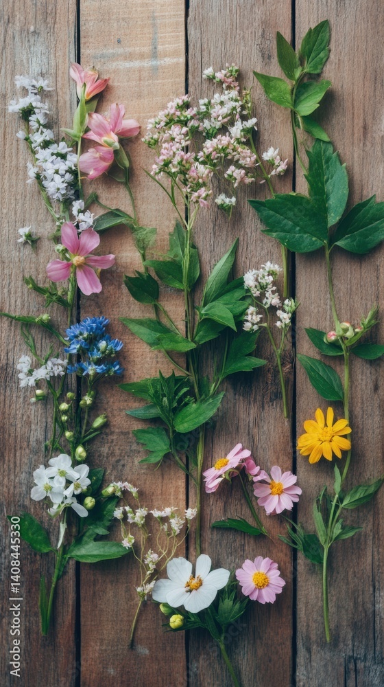 Fototapeta premium Botanical spring flat lay with flowers and natural elements, top view, no people, soft pastel vibe.