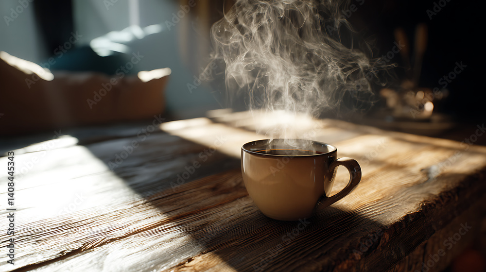 Obraz premium a steaming cup coffee on a rustic wooden table, with a warm, inviting atmosphere and soft morning light
