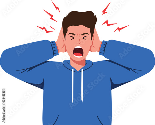 A young man in a blue hoodie expressing frustration while covering his ears, depicted in a flat style, conveying a sense of distress and overwhelming noise in vector art