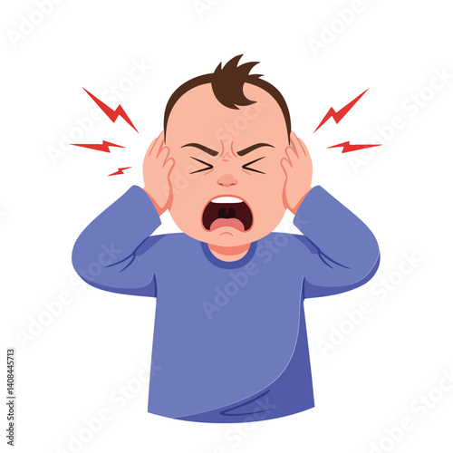 Young child with hands on ears expressing frustration in a colorful flat illustration, conveying emotion and distress in vector art
