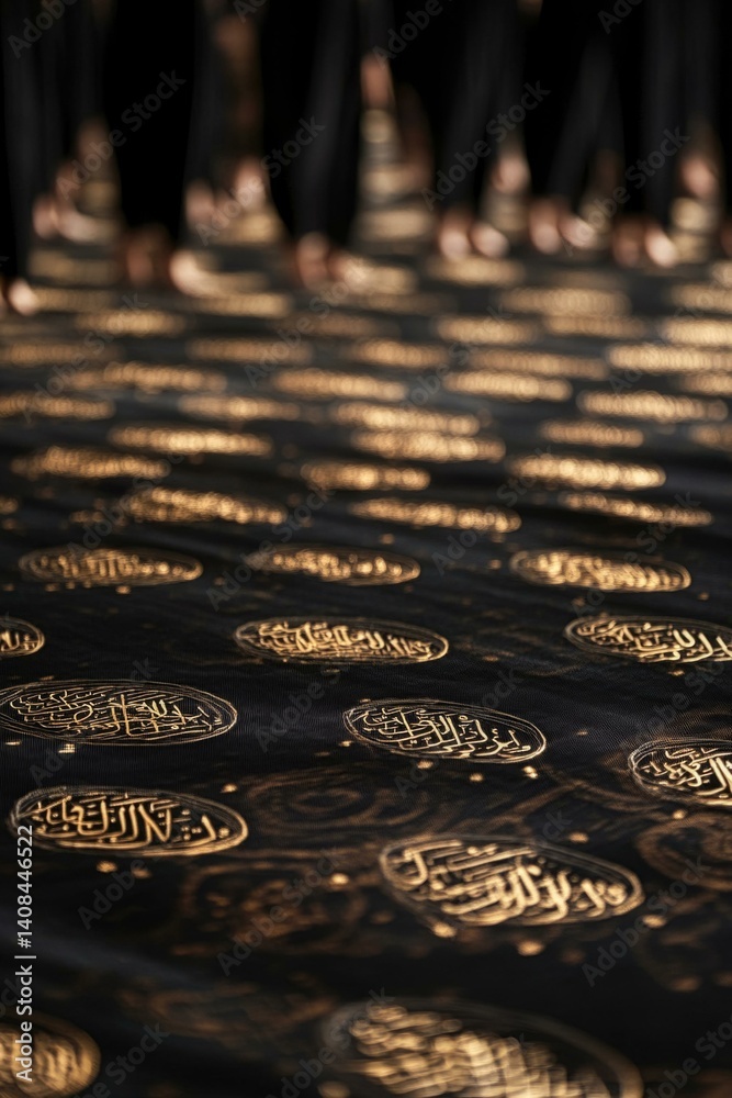Calligraphy detail on Kaaba facade during prayer, capturing spiritual devotion and intricate sacred design. Calligraphy detail on Kaaba facade during prayer, capturing spiritual devotion and intricate sacred design.