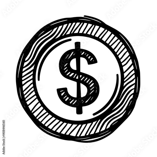 Hand-drawn coin icon with dollar symbol in engraved style representing value and wealth - concept of savings finance investment economy