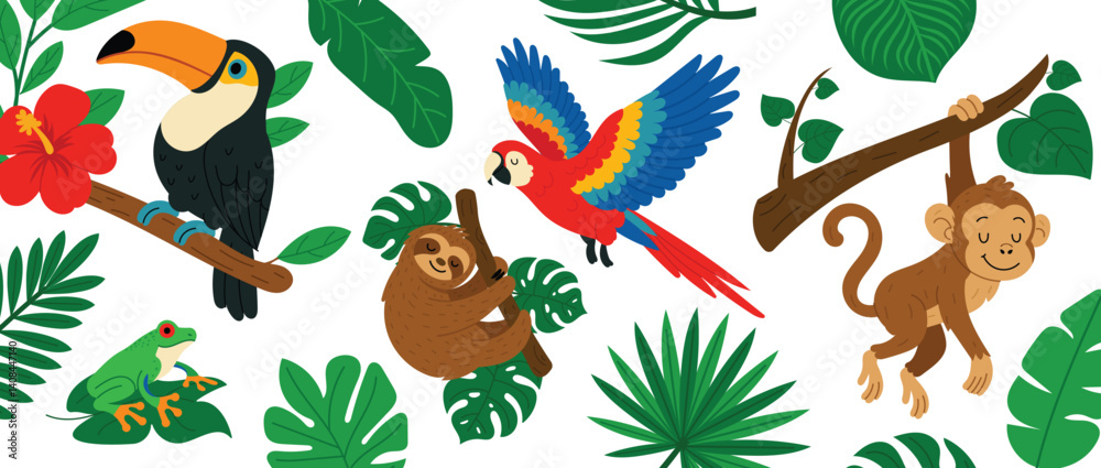 Fototapeta premium Set of cute tropical animals and jungle leaves. Cartoon monkey, parrot, toucan, sloth and frog with exotic foliage. Flat vector illustration for kids and nature themes.