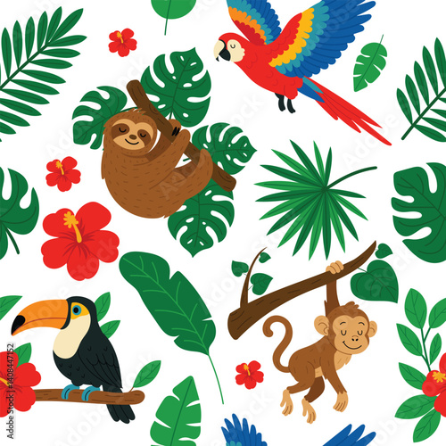 Seamless tropical pattern with jungle animals, leaves and flowers. Sloth, monkey, toucan and parrot in rainforest design. Cute flat vector background for kids and summer decor.