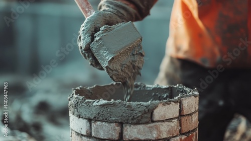 Mason mixing mortar for bricklaying in a construction project. Featuring skill and preparation