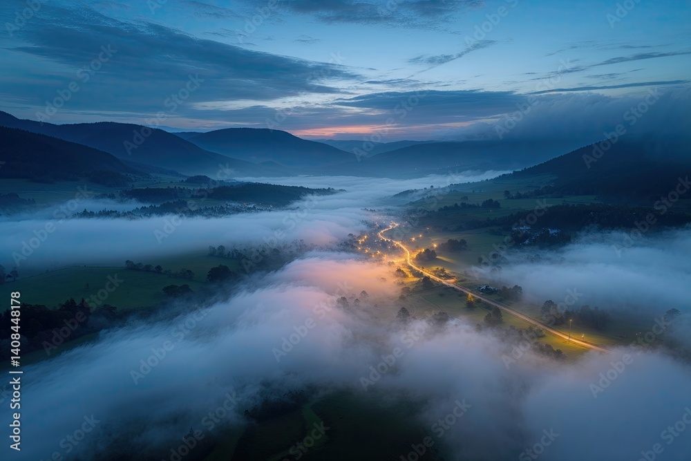 Fototapeta premium Stunning Aerial Views of a Foggy Valley at Twilight