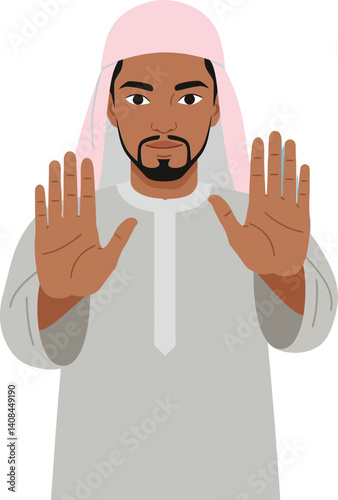 A man with raised hands in traditional attire showcasing a flat design style in vector art