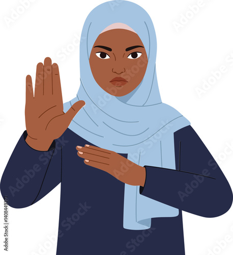A confident woman with a light blue hijab raising her hand in a gesture of stopping, depicted in a flat vector illustration style emphasizing empowerment and determination.