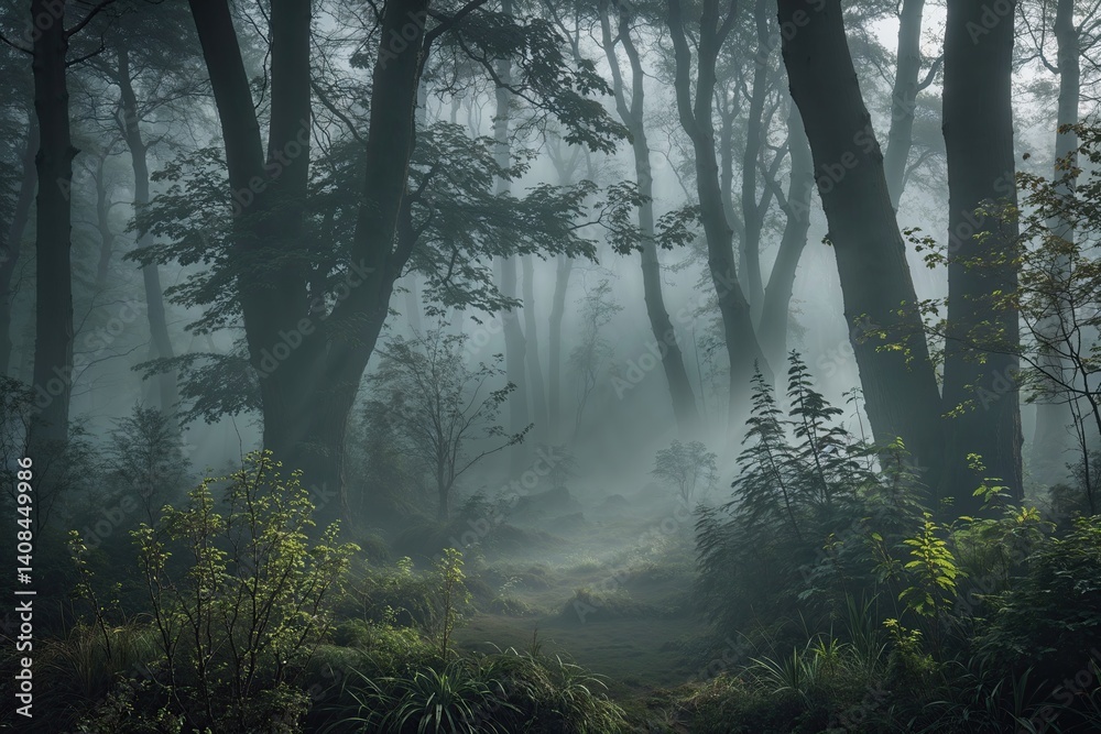 Fototapeta premium Fog-Choked and Shadow-Packed Woodland Backdrop with Free Space and Plant Diversity