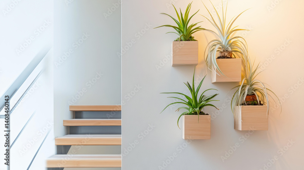 Fototapeta premium Stylish wall-mounted planters with green plants enhancing modern home decor next to wooden staircase