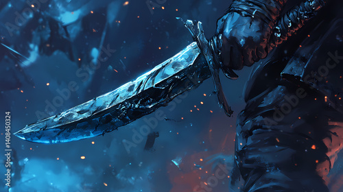Nightmare realm cold cobalt dirk with fear-absorbing grip. Cursed Alloy. Illustration