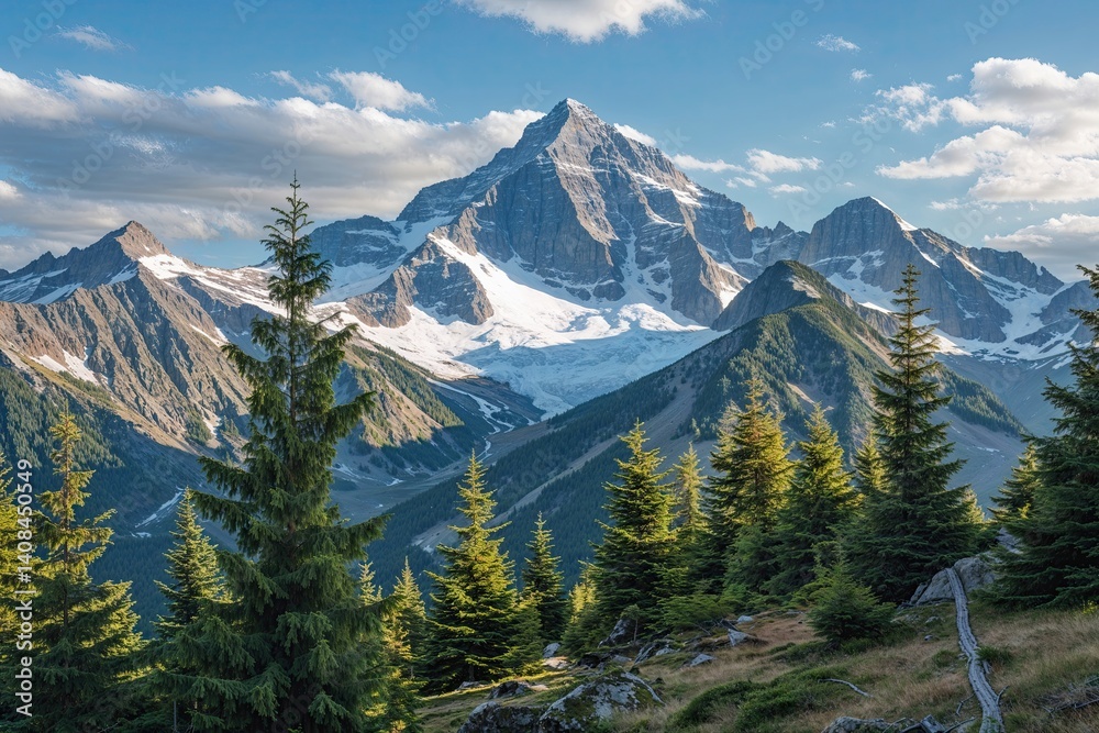 Obraz premium Stunning Mountain View with Evergreen Spruce and Fir Forest Background