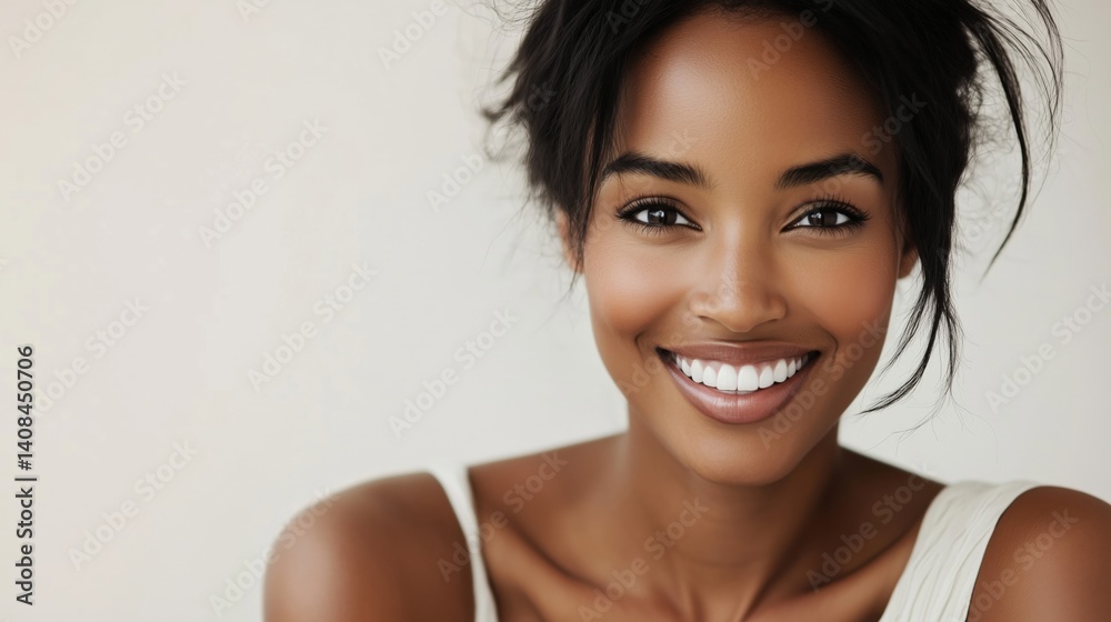 Close-up portrait of an Afro American woman with black hair wearing a white t-shirt, she is smiling broadly Close-up portrait of an Afro American woman with black hair wearing a white t-shirt, she is smiling broadly