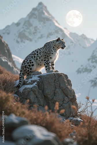 Snow leopard observing from a rock