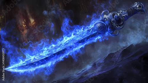 Nightmare realm cold cobalt dirk with fear-absorbing grip. Cursed Alloy. Illustration