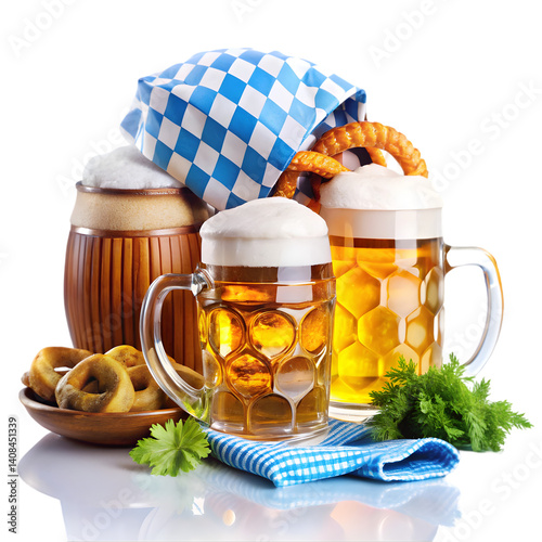Oktoberfest Beer, Pretzels, & Steins isolated on transparent background