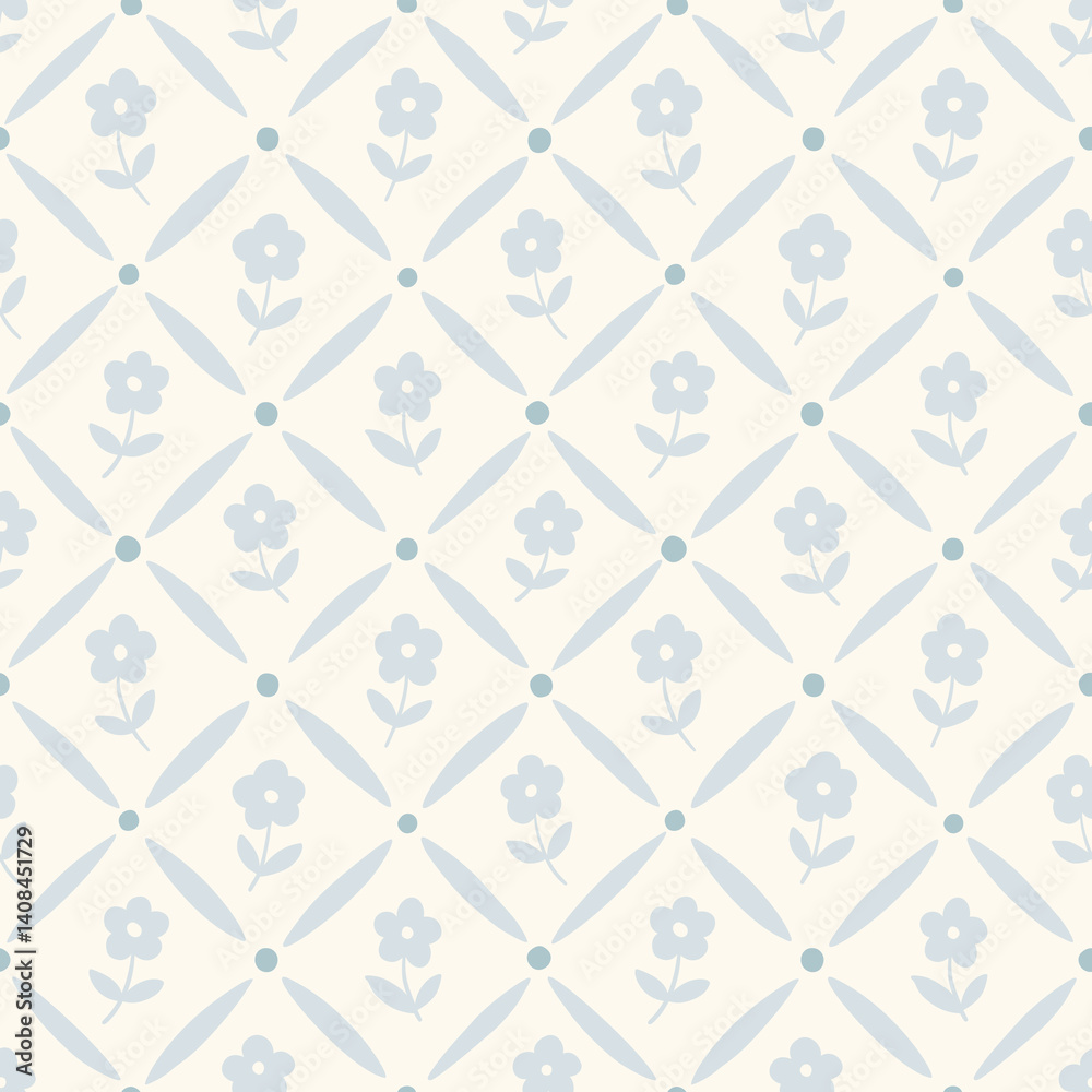 Delicate blue and cream floral and diamond grid vector seamless pattern. Vintage geometric hand-drawn print for traditional textiles with romantic simple daisy flowers and classic cottagecore trellis
