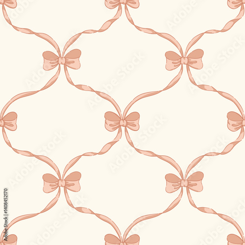 Romantic Grandmillennial blush bows and ribbon ogee trellis vector seamless pattern pattern on cream background. Vintage decorative cottagecore print for textiles, wedding, nursery, wallpaper
