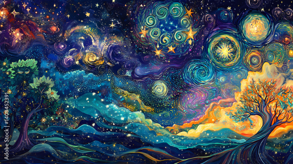 Fototapeta premium A swirling cosmic dance of vibrant hues, with swirling nebulae and twinkling stars, paints a captivating tapestry of celestial wonder. Astral Tapestry. Illustration