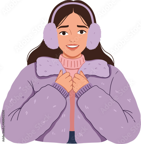 A cheerful young woman wearing a cozy purple jacket and earmuffs in a flat vector illustration radiating warmth and joy during winter season