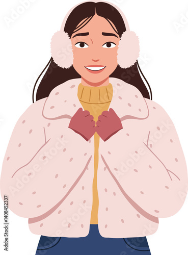 Smiling young woman in a cozy pink fur coat and earmuffs expressing joy in a flat design vector art