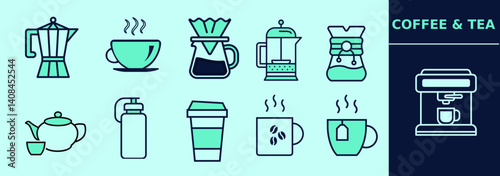 Coffee and tea set of icons with moka, french press, chemex, pour-over, coffee mug, tea cup, teapot, expresso machine. Editable icon elements, size and color; convertible to line icons.