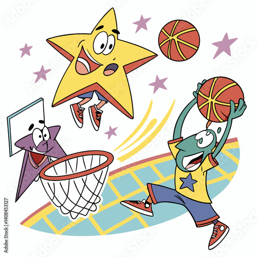 Cartoon basketball stars performing gravity-defying slam dunks in a comic-style arena