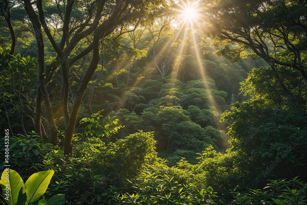 Obraz premium Sunlight Filtering Through Lush Thickets A Vibrant Habitat Abundant with Diverse Foliage and Wildlife