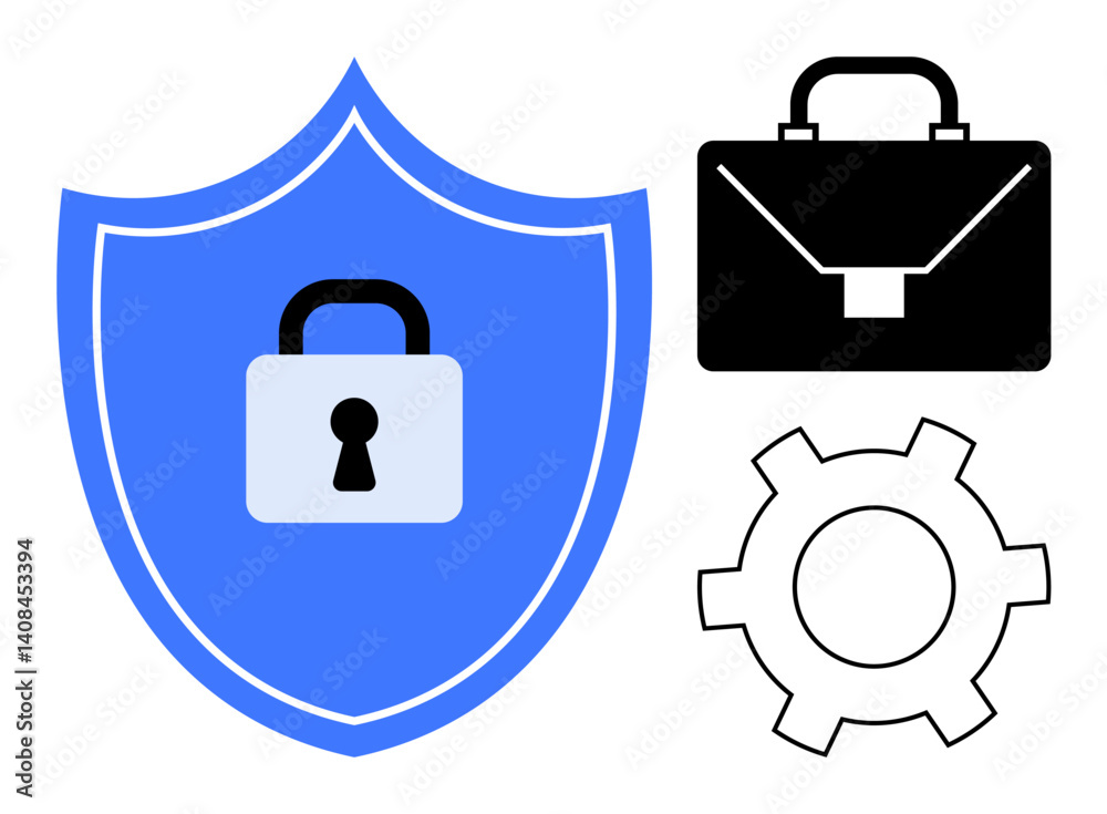 Shield with lock symbol, briefcase, and gear. Ideal for security, business, technology, productivity, organization data protection enterprise. Perfect for a simple landing page Shield with lock symbol, briefcase, and gear. Ideal for security, business, technology, productivity, organization data protection enterprise. Perfect for a simple landing page