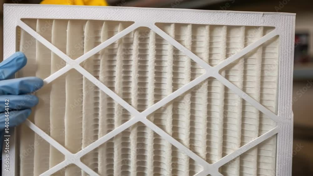 Medium closeup of a worker wearing protective gear while fitting a HEPA filter into position showcasing safety measures during the installation process.