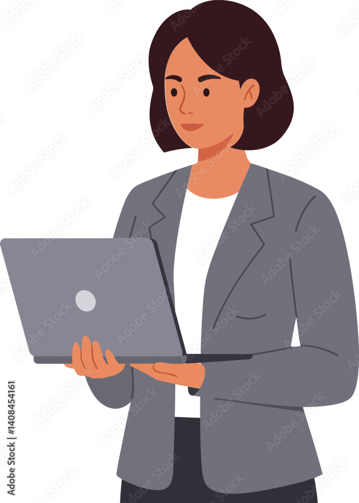 Professional woman in a grey blazer confidently holding a laptop while standing, flat vector illustration showcasing modern workplace vibes and focused demeanor in digital art Professional woman in a grey blazer confidently holding a laptop while standing, flat vector illustration showcasing modern workplace vibes and focused demeanor in digital art