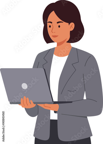 Professional woman in a grey blazer confidently holding a laptop while standing, flat vector illustration showcasing modern workplace vibes and focused demeanor in digital art