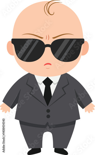 Baby character dressed in a black suit and sunglasses, showcasing a confident expression in a minimal design style, perfect for playful vector art