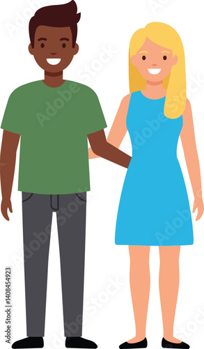 A cheerful couple standing side by side in casual clothing, smiling warmly, in a minimalistic vector illustration style, showcasing friendship and connection through vibrant colors in vector art