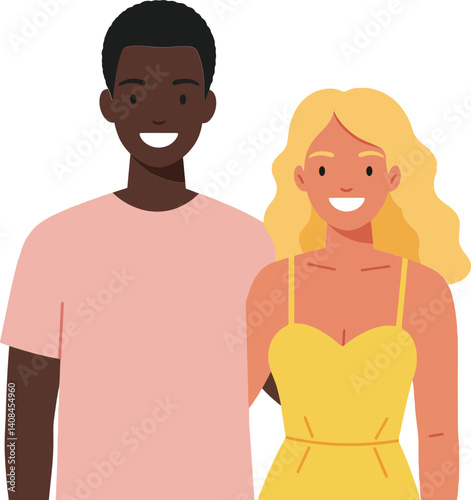Two cheerful friends smiling together in a flat design style showcasing diversity and friendship in bright colors, vector illustration