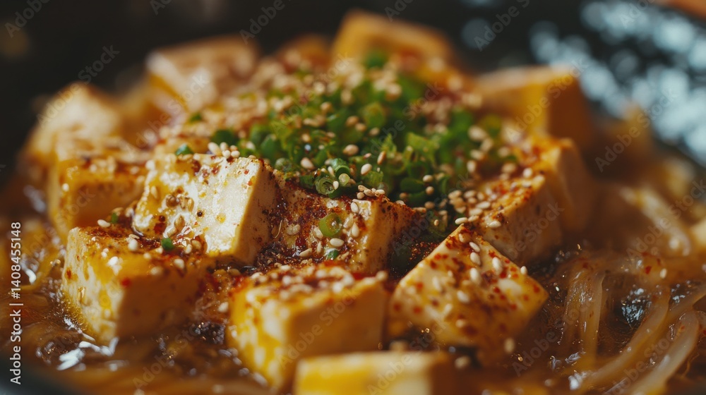 Close-up of Ramen with Chili Flakes and Tofu Cubes Close-up of Ramen with Chili Flakes and Tofu Cubes