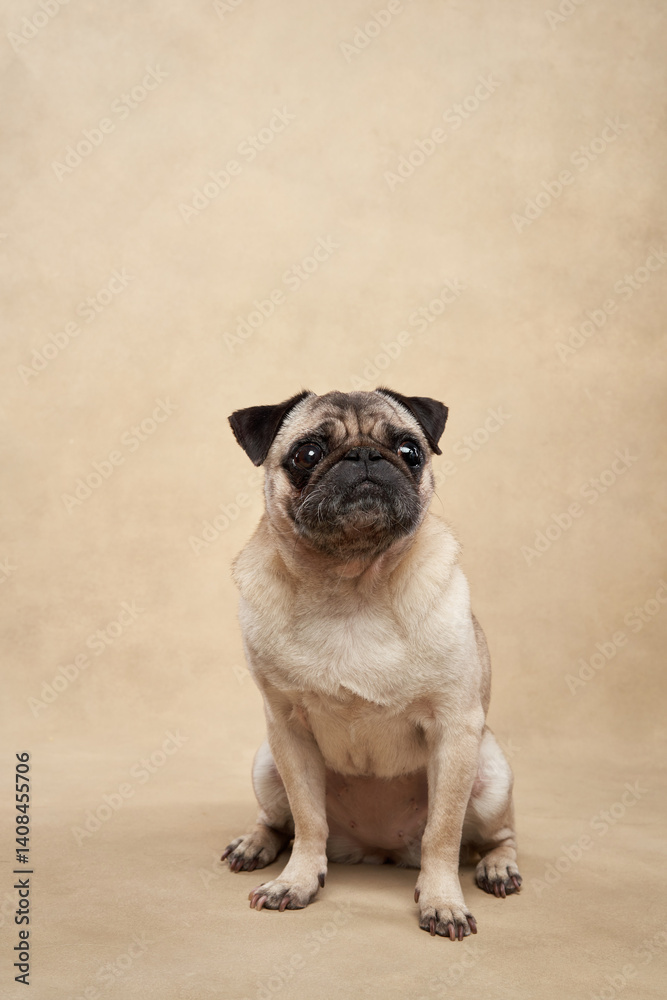 Obraz premium A pug sits on a beige background with a relaxed expression. Its wrinkled face and small body add charm to the portrait.