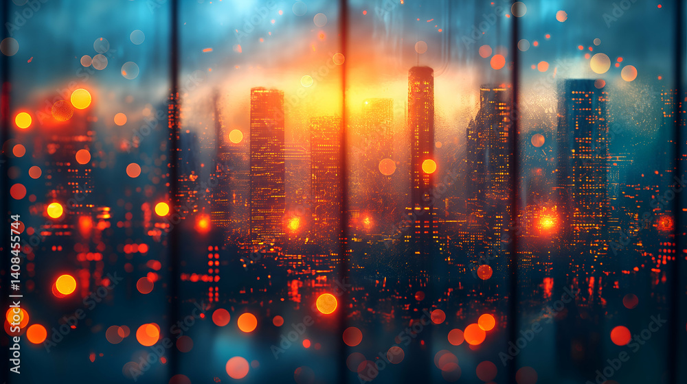 Obraz premium Rain Streaked Window Urban Night Lights Bokeh, Dramatic Cityscape View.