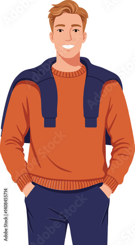 Young man smiling in casual attire with a sweater draped over his shoulders in a flat vector illustration