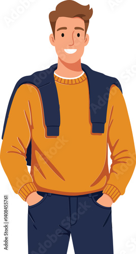Young man in a cozy orange sweater with navy accents and relaxed posture, smiling warmly, flat vector illustration