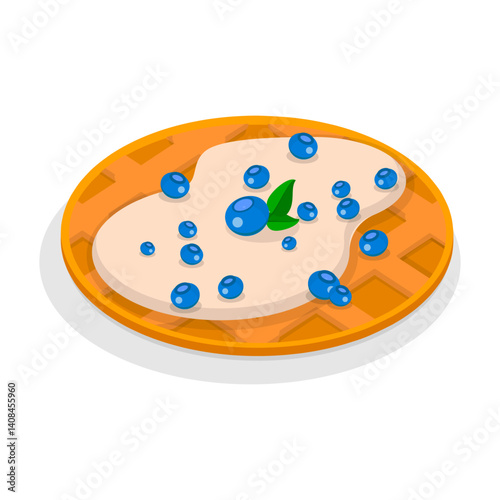 3D Isometric Flat Vector Illustration of Homemade Pastry, Assorted Belgian Waffles with Fresh Berries, Cream, and Icecream. Item 5