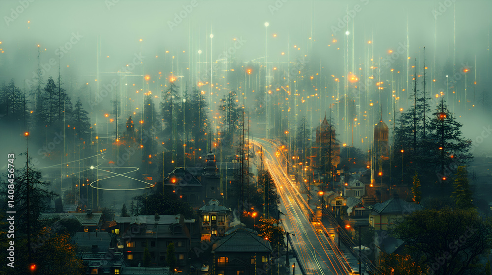 Obraz premium Enchanted Night City Mystic Forest Road with Futuristic Lights.