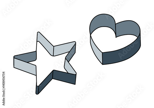 Heart, star Cookie Cutter shape. Kitchen Utensils for cooking sweets. Volumetric metal Figures for cutting dough. Baker or confectioner elements for Culinary. Isolated. Minimalism. Vector illustration