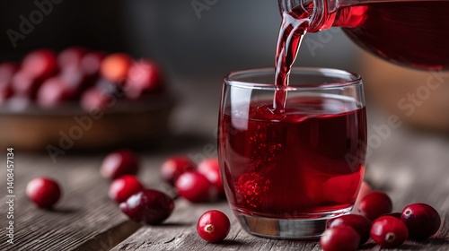 Glass of fresh cranberry juice being poured, surrounded by ripe red cranberries.
