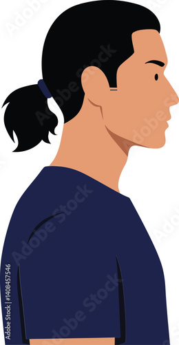 Male character in profile view with a ponytail wearing a navy blue shirt designed in a flat, minimal vector illustration